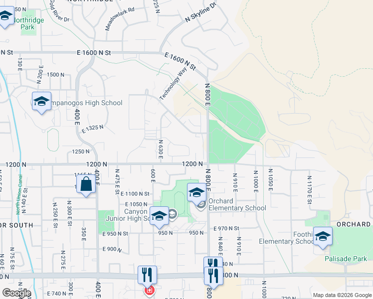map of restaurants, bars, coffee shops, grocery stores, and more near 710 East 1280 North in Orem