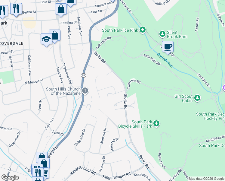 map of restaurants, bars, coffee shops, grocery stores, and more near 5560 Claytonia Drive in Bethel Park