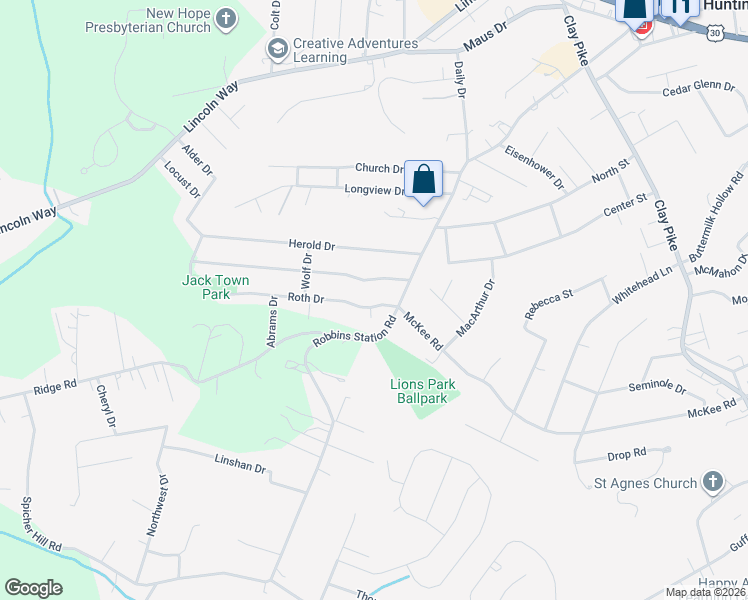 map of restaurants, bars, coffee shops, grocery stores, and more near 12190 Roth Drive in North Huntingdon