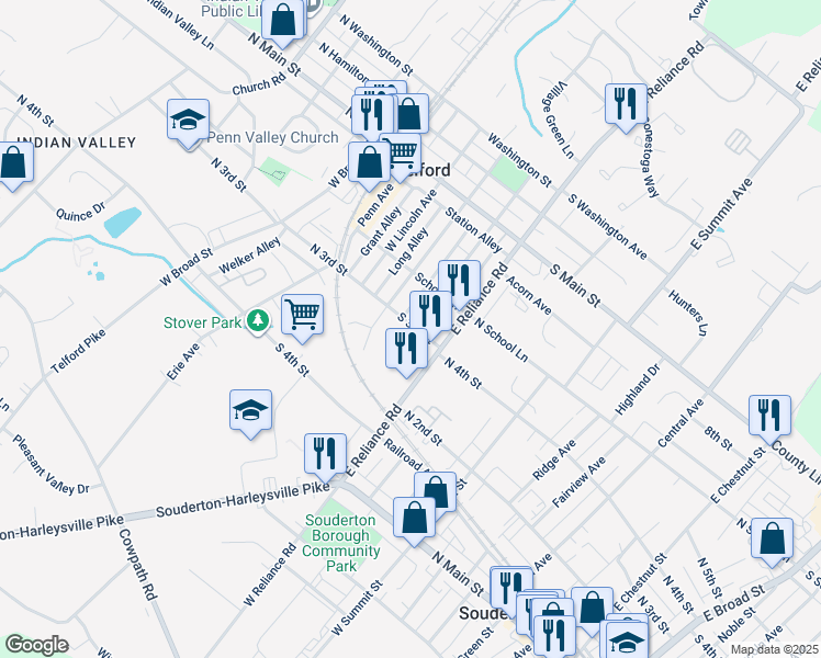 map of restaurants, bars, coffee shops, grocery stores, and more near 136 South 3rd Street in Telford