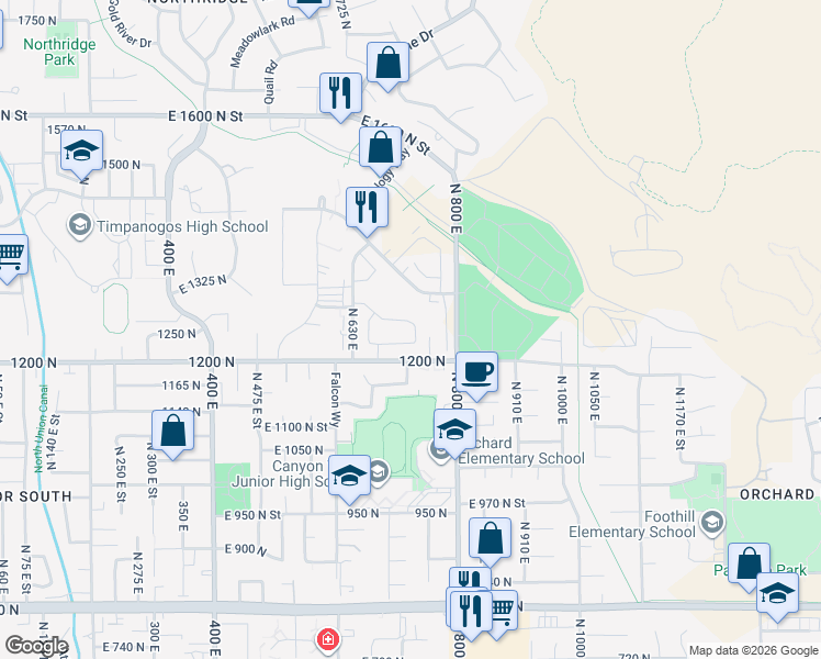 map of restaurants, bars, coffee shops, grocery stores, and more near 710 East 1280 North in Orem