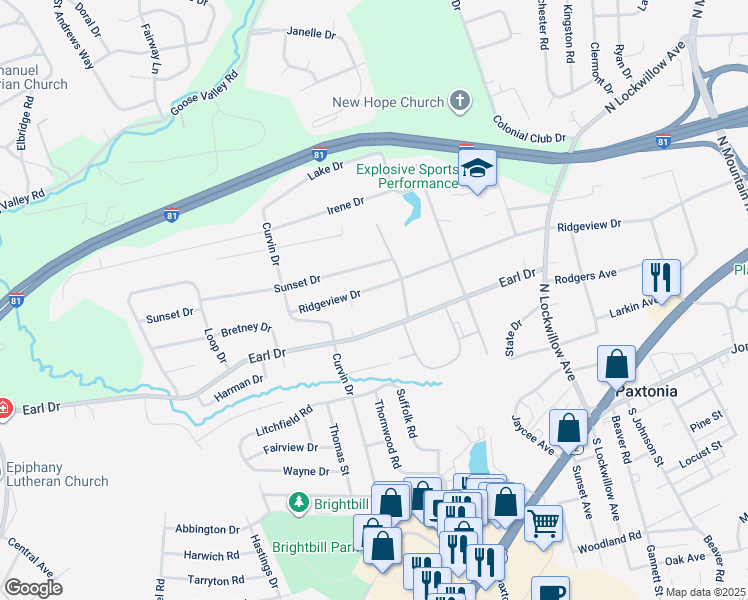 map of restaurants, bars, coffee shops, grocery stores, and more near 5137 Ridgeview Drive in Harrisburg