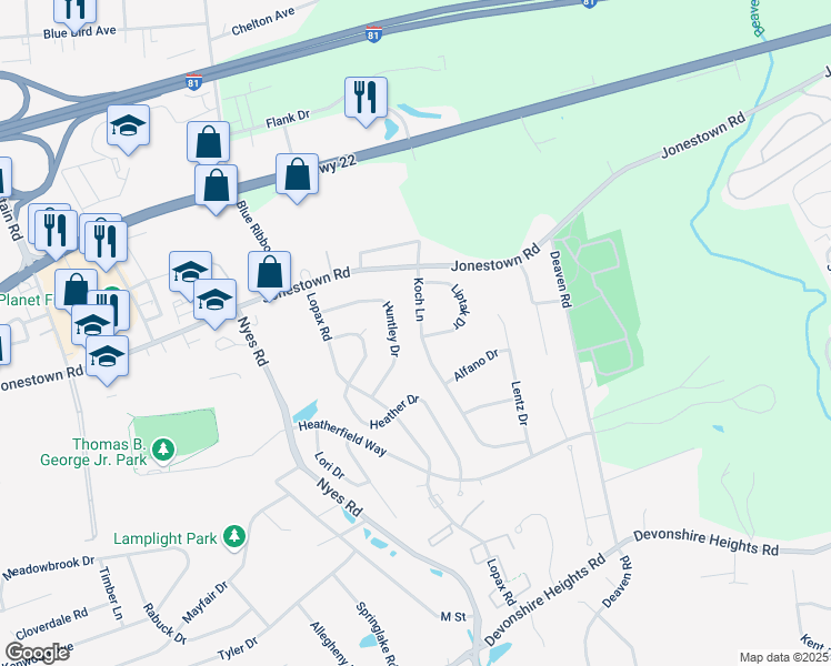 map of restaurants, bars, coffee shops, grocery stores, and more near 11600 Koch Lane in Harrisburg