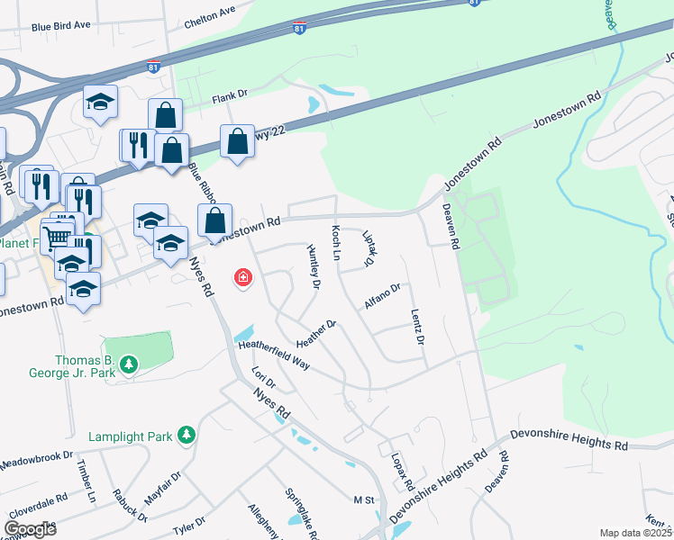 map of restaurants, bars, coffee shops, grocery stores, and more near 114 Koch Lane in Harrisburg