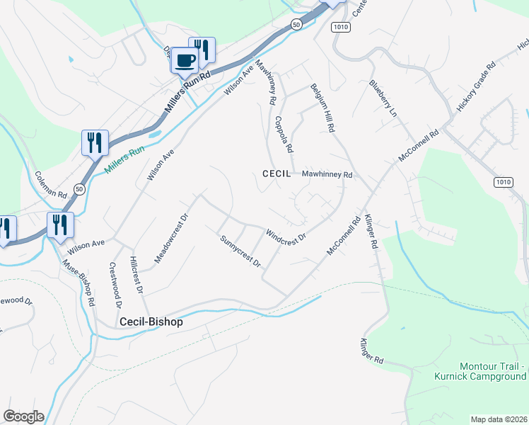 map of restaurants, bars, coffee shops, grocery stores, and more near 151 Valleycrest Drive in Cecil-Bishop