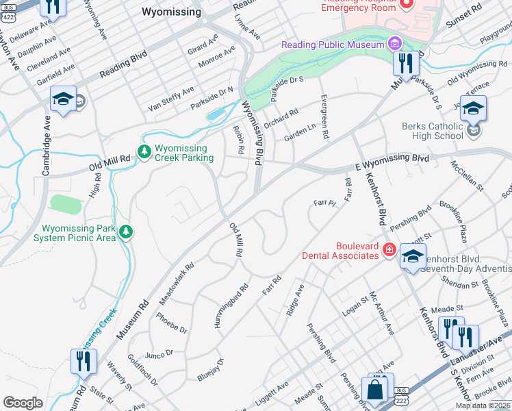 map of restaurants, bars, coffee shops, grocery stores, and more near 1523 Meadowlark Road in Wyomissing