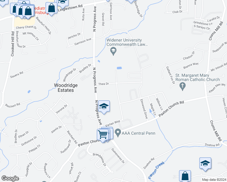 map of restaurants, bars, coffee shops, grocery stores, and more near 3690 Vartan Way in Harrisburg
