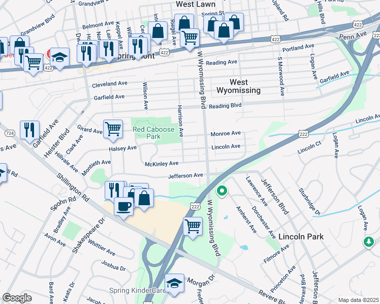 map of restaurants, bars, coffee shops, grocery stores, and more near 2332 Lincoln Avenue in West Lawn