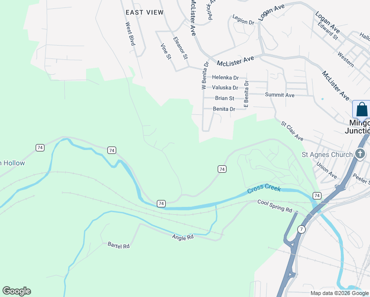 map of restaurants, bars, coffee shops, grocery stores, and more near in Mingo Junction