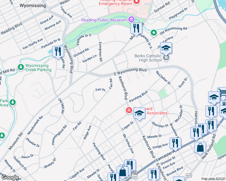 map of restaurants, bars, coffee shops, grocery stores, and more near 1316 Farr Road in Reading