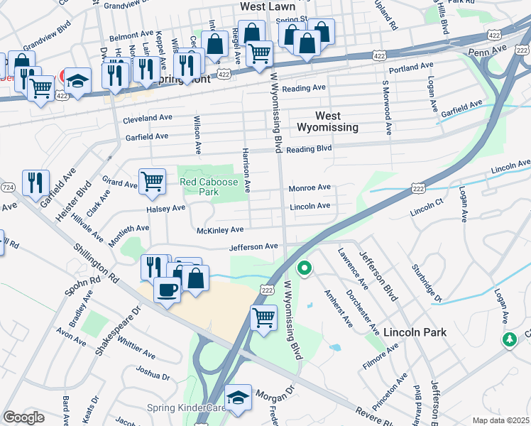 map of restaurants, bars, coffee shops, grocery stores, and more near 2310 Lincoln Avenue in West Lawn