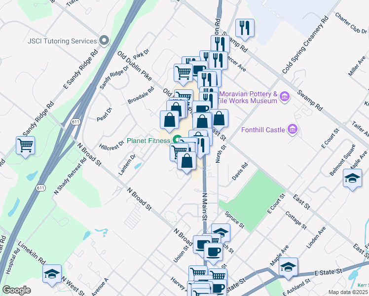 map of restaurants, bars, coffee shops, grocery stores, and more near 436 North Main Street in Doylestown