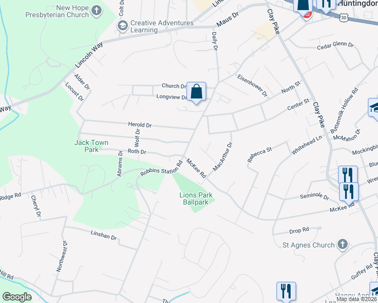 map of restaurants, bars, coffee shops, grocery stores, and more near 895 Robbins Station Road in Irwin