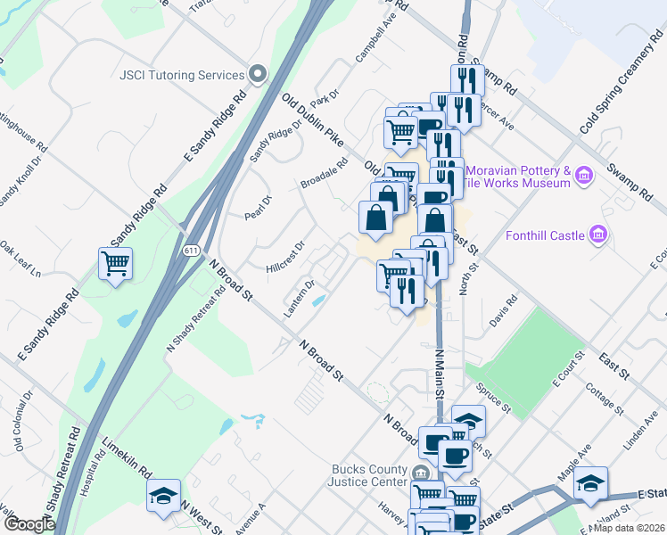 map of restaurants, bars, coffee shops, grocery stores, and more near 63 Woodbridge Drive in Doylestown
