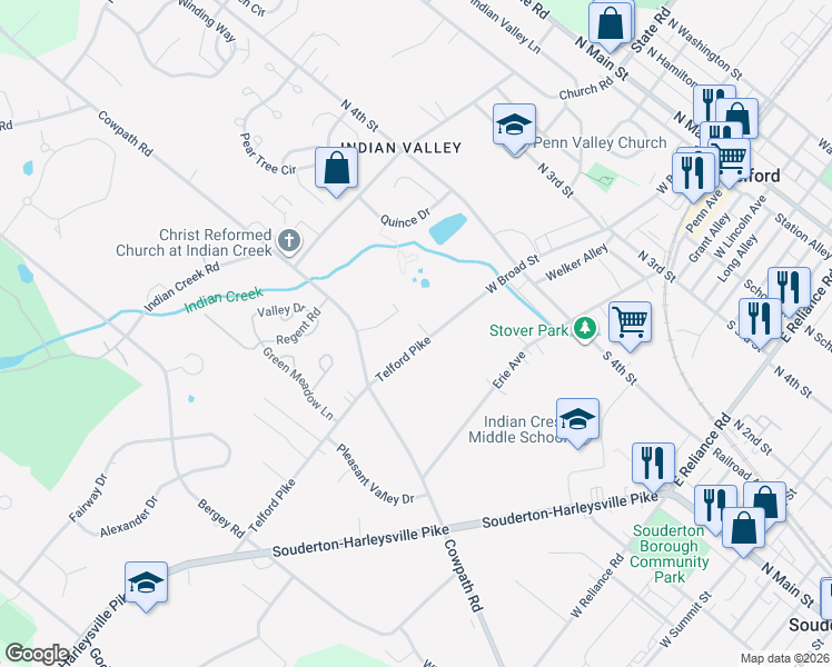 map of restaurants, bars, coffee shops, grocery stores, and more near 139 Telford Pike in Telford