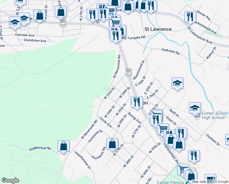 map of restaurants, bars, coffee shops, grocery stores, and more near 26 West 34th Street in Reading