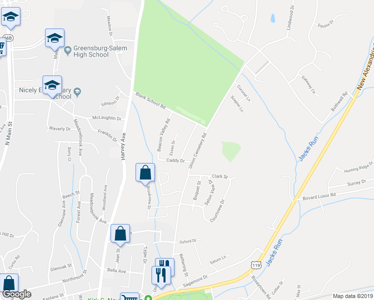 map of restaurants, bars, coffee shops, grocery stores, and more near 931 Academy Heights Drive in Greensburg