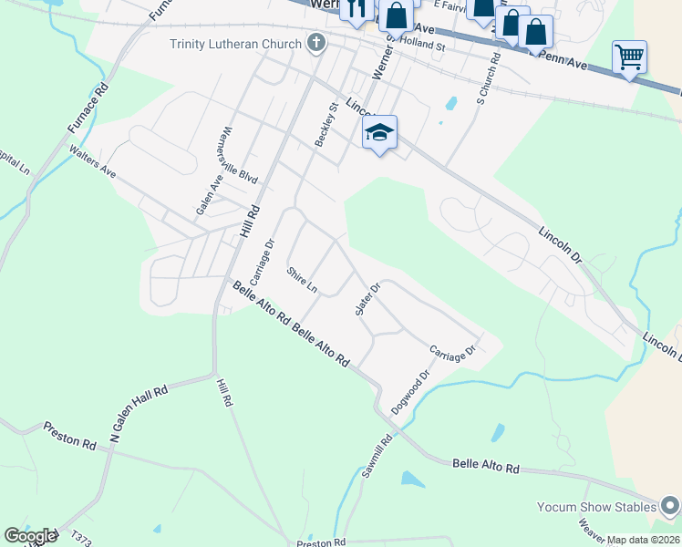 map of restaurants, bars, coffee shops, grocery stores, and more near 204 Shire Lane in Wernersville