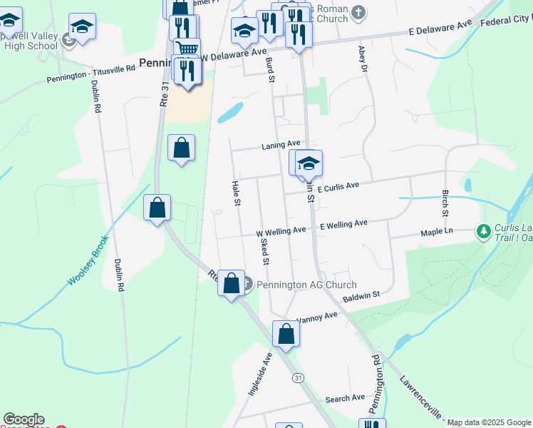 map of restaurants, bars, coffee shops, grocery stores, and more near 325 Sked Street in Pennington