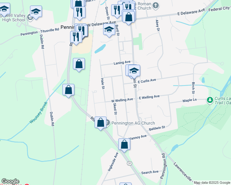 map of restaurants, bars, coffee shops, grocery stores, and more near 325 Sked Street in Pennington
