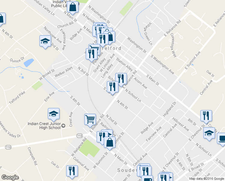 map of restaurants, bars, coffee shops, grocery stores, and more near 147 South 3rd Street in Telford