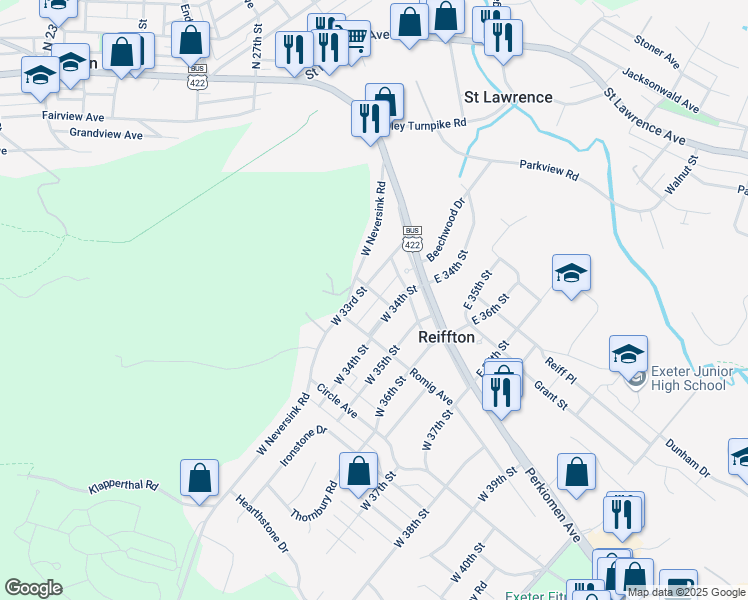 map of restaurants, bars, coffee shops, grocery stores, and more near 26 West 34th Street in Reading