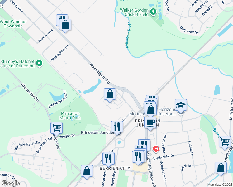 map of restaurants, bars, coffee shops, grocery stores, and more near 806 Shay Court in West Windsor Township