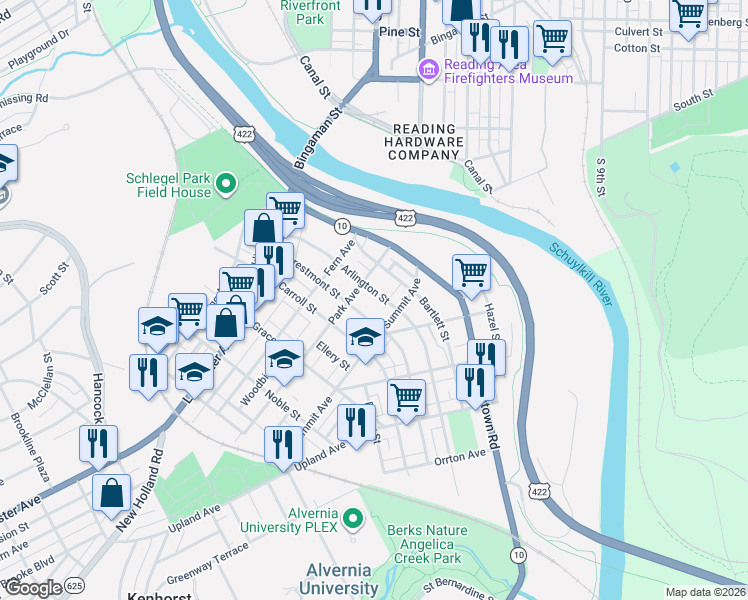 map of restaurants, bars, coffee shops, grocery stores, and more near 231 Crestmont Street in Reading