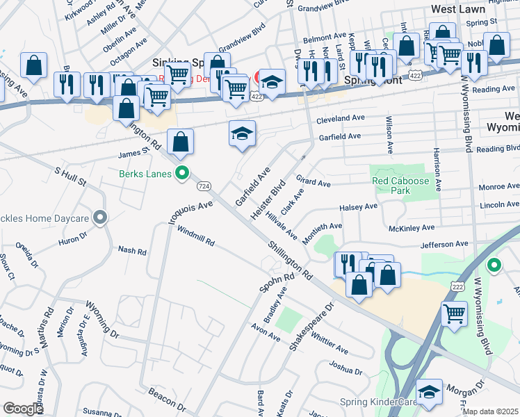 map of restaurants, bars, coffee shops, grocery stores, and more near 2826 Hillvale Avenue in West Lawn