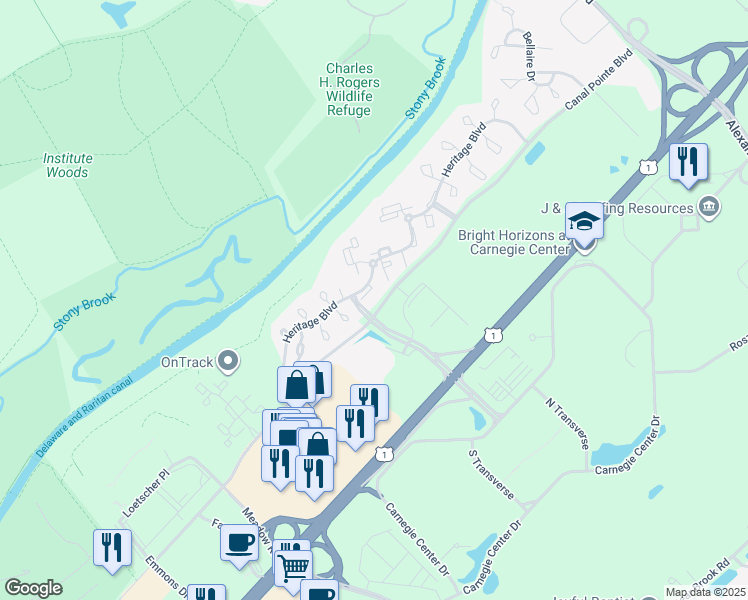 map of restaurants, bars, coffee shops, grocery stores, and more near 121 Commonwealth Court in Princeton