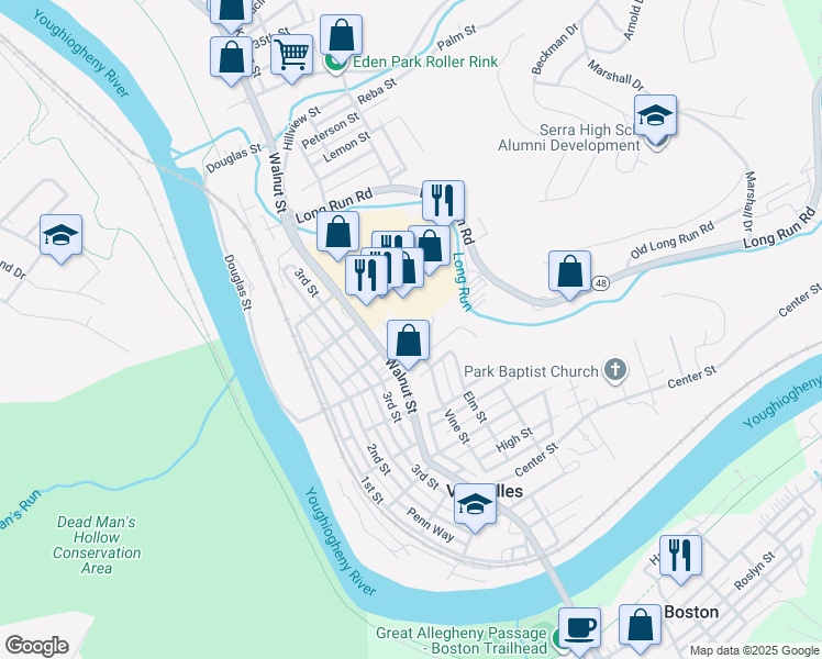 map of restaurants, bars, coffee shops, grocery stores, and more near 16 Olympia Park Plaza in McKeesport