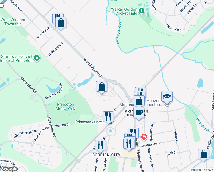 map of restaurants, bars, coffee shops, grocery stores, and more near 50 Washington Road in West Windsor Township