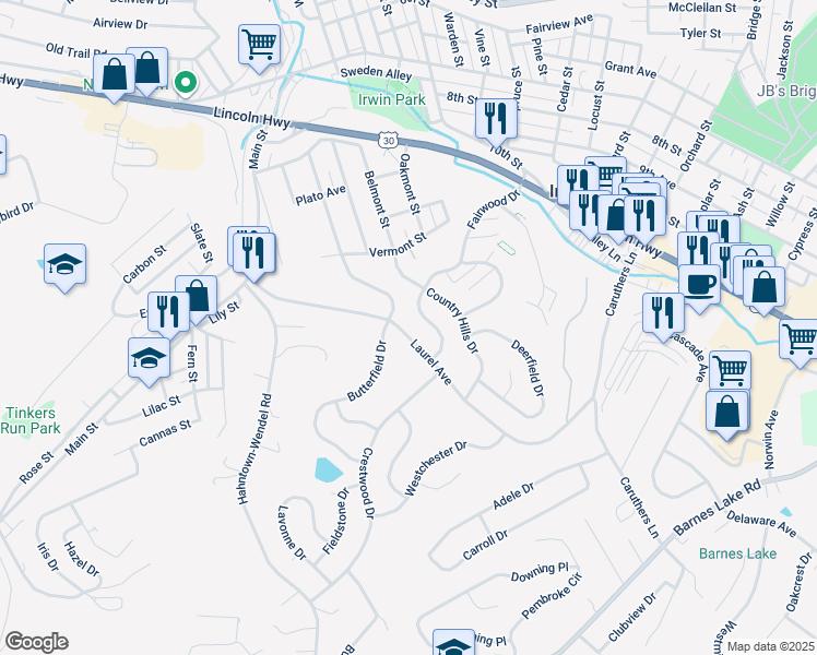 map of restaurants, bars, coffee shops, grocery stores, and more near 9919 Laurel Avenue in Irwin