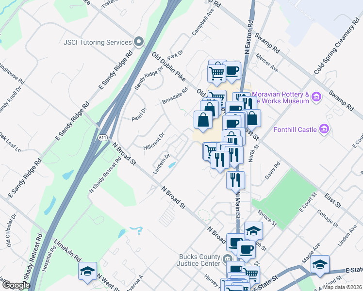 map of restaurants, bars, coffee shops, grocery stores, and more near 63 Woodbridge Drive in Doylestown