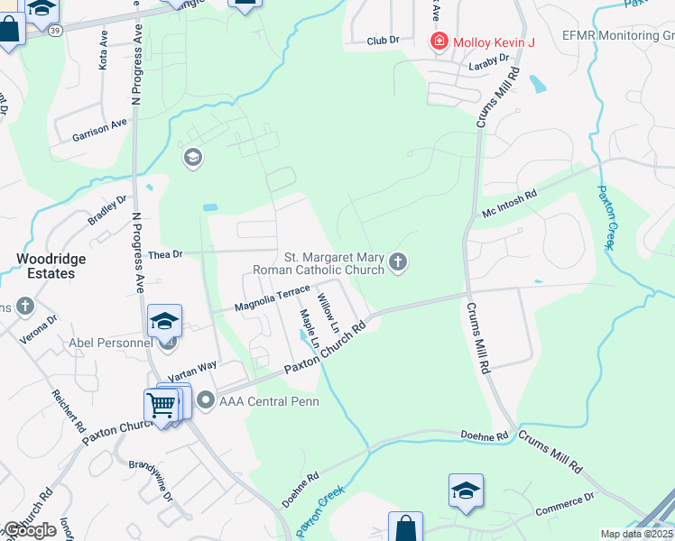 map of restaurants, bars, coffee shops, grocery stores, and more near 2620 Magnolia Terrace in Harrisburg