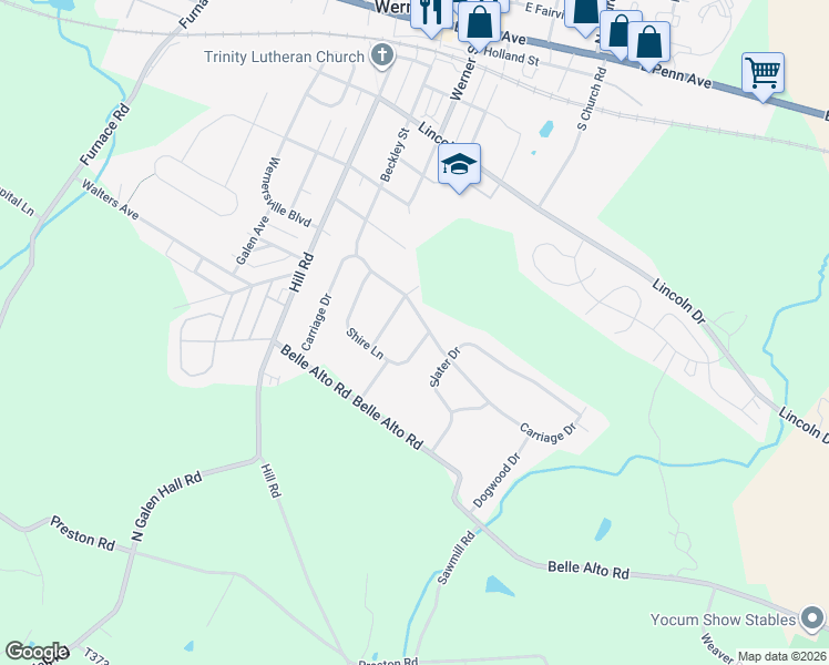 map of restaurants, bars, coffee shops, grocery stores, and more near 204 Shire Lane in Wernersville