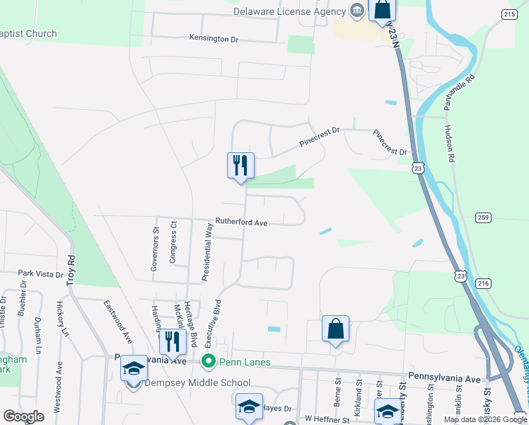 map of restaurants, bars, coffee shops, grocery stores, and more near 344 Rutherford Avenue in Delaware