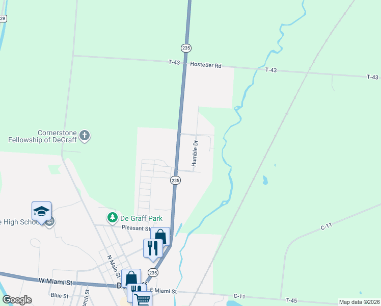 map of restaurants, bars, coffee shops, grocery stores, and more near 622R Ohio 235 in De Graff
