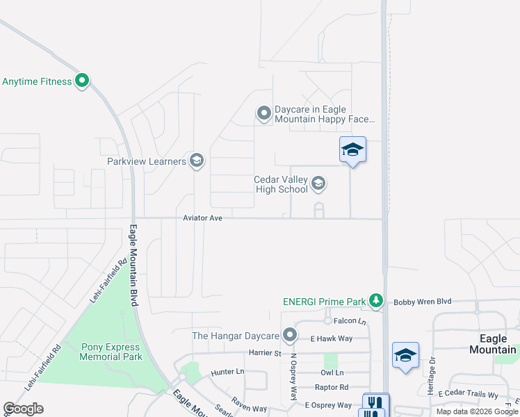 map of restaurants, bars, coffee shops, grocery stores, and more near Aviator Avenue in Eagle Mountain