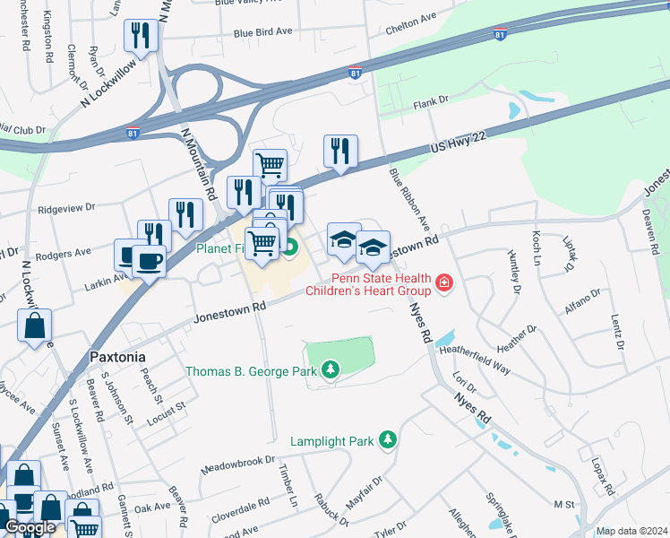 map of restaurants, bars, coffee shops, grocery stores, and more near 6115 Jonestown Road in Harrisburg