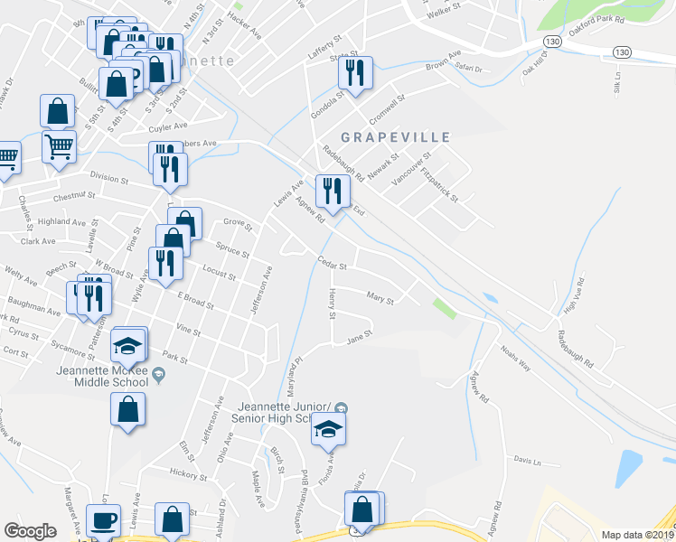 map of restaurants, bars, coffee shops, grocery stores, and more near 406 Mary Street in Jeannette