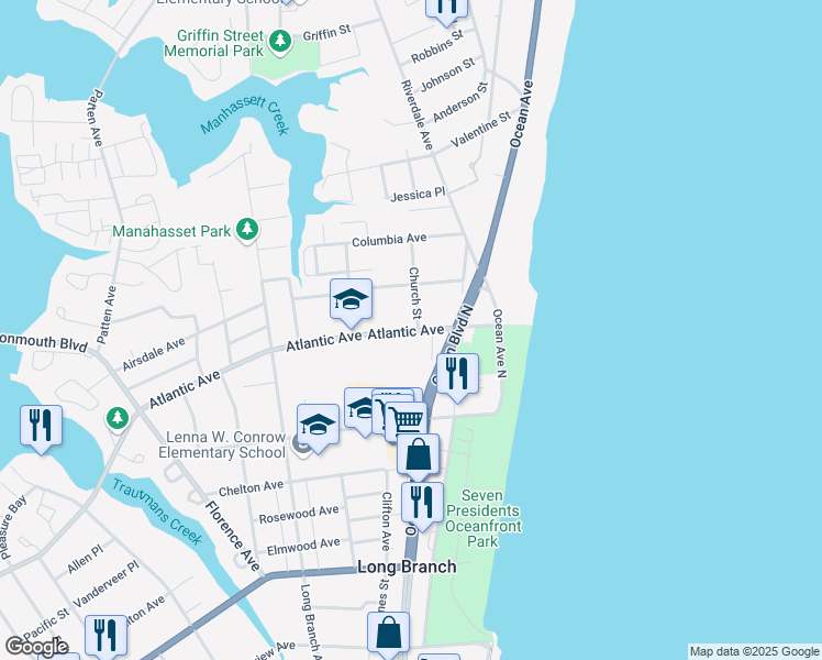 map of restaurants, bars, coffee shops, grocery stores, and more near 64 Atlantic Avenue in Long Branch