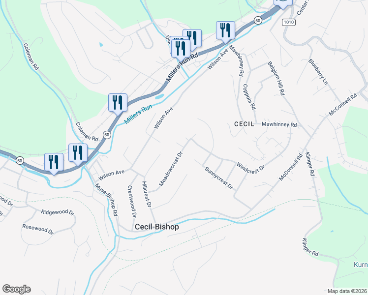 map of restaurants, bars, coffee shops, grocery stores, and more near 34 Meadowcrest Drive in Cecil-Bishop