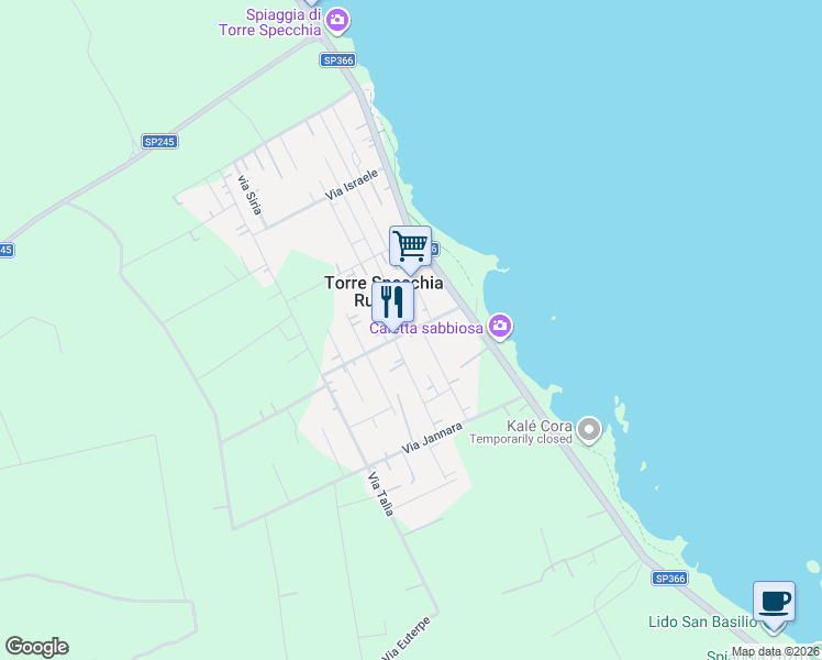 map of restaurants, bars, coffee shops, grocery stores, and more near 18 Via Nettuno in Torre Specchia Ruggeri