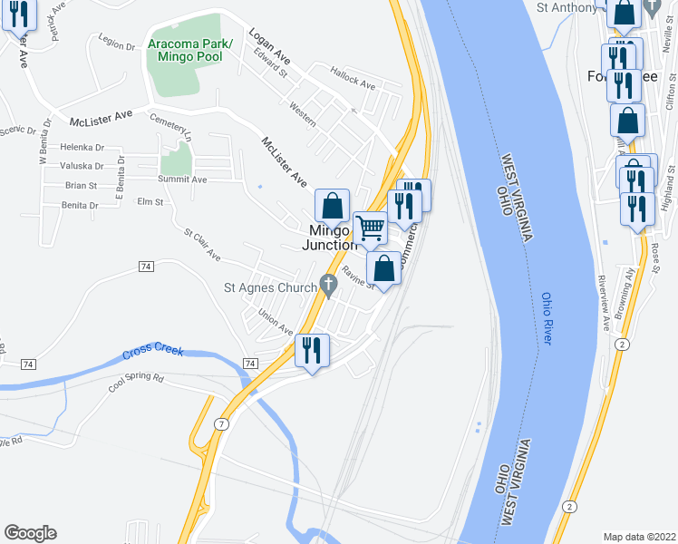 map of restaurants, bars, coffee shops, grocery stores, and more near 106 East Murdock Avenue in Mingo Junction