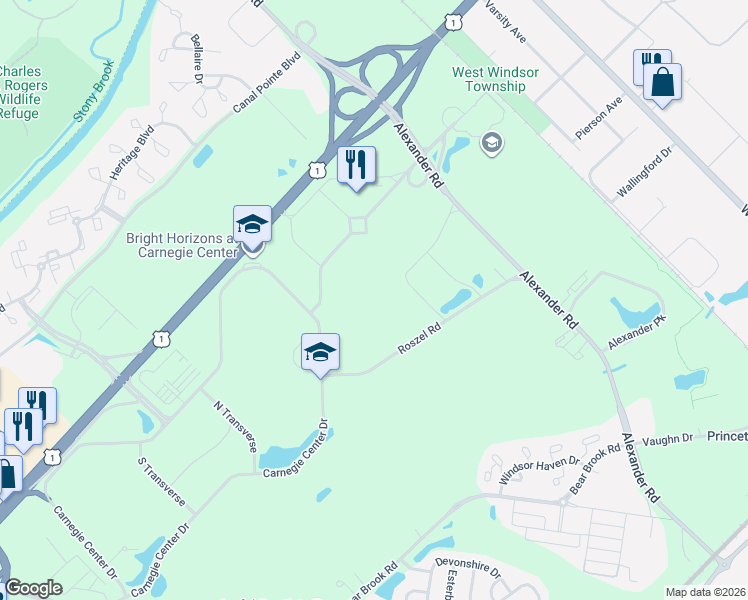 map of restaurants, bars, coffee shops, grocery stores, and more near 15 Roszel Road in Princeton