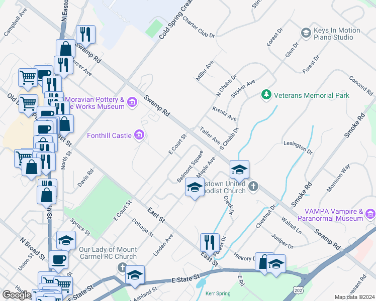 map of restaurants, bars, coffee shops, grocery stores, and more near 27 Belmont Square in Doylestown