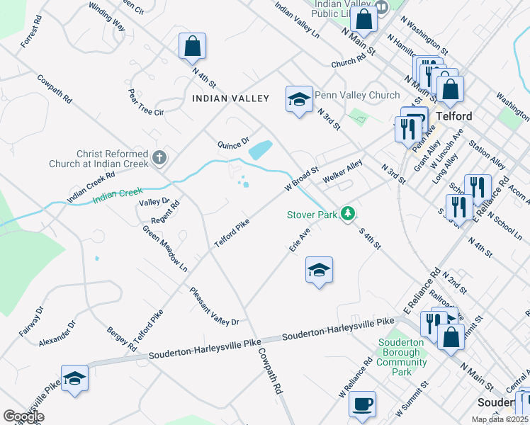 map of restaurants, bars, coffee shops, grocery stores, and more near 116 Telford Pike in Telford