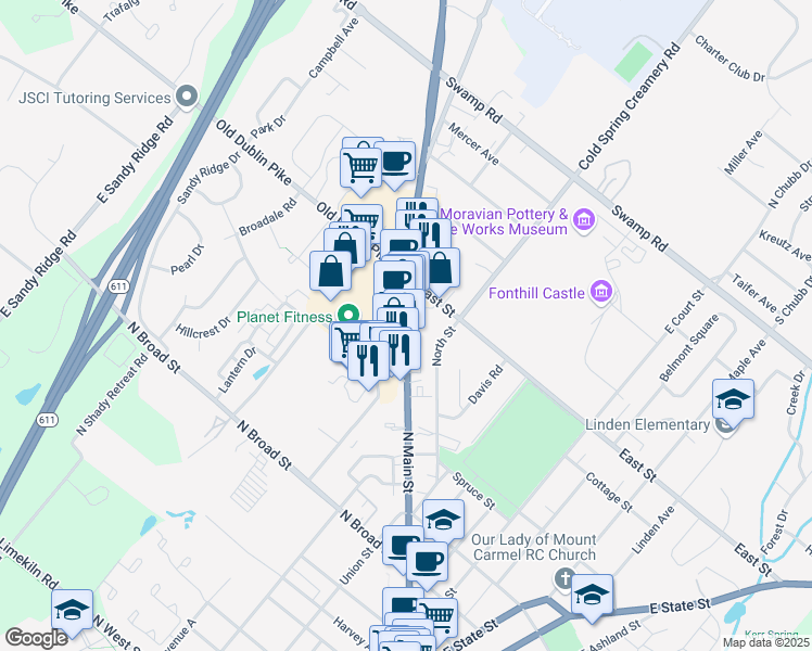map of restaurants, bars, coffee shops, grocery stores, and more near 436 North Main Street in Doylestown