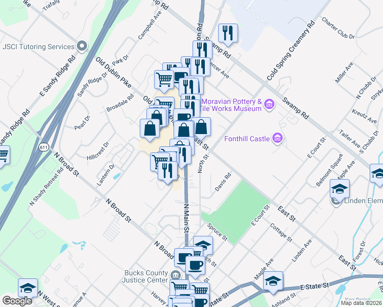 map of restaurants, bars, coffee shops, grocery stores, and more near 465 North Main Street in Doylestown